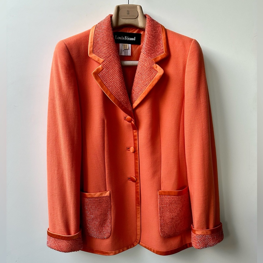 EUC Louis Feraud Beaded Blazer, Jacket, Orange, size 8